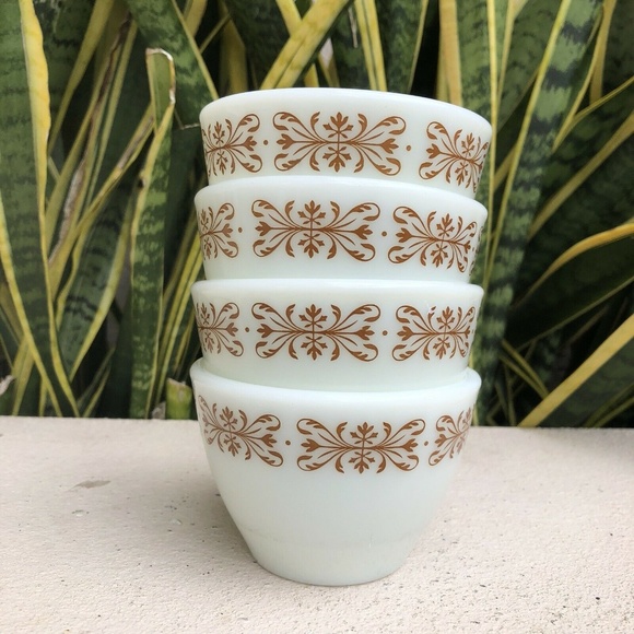 Pyrex Copper Filigree Brown Sugar Bowl Bouillon Cup Small Dish Set Of 4 Vintage - Picture 2 of 5